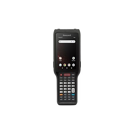 Schwarzer Handheld-Barcode-Scanner mit Bildschirm, Tasten und Google-Symbolen. Ein Honeywell-Logo ist oben zu sehen.