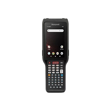 Ein schwarzes Honeywell Barcodescanner-Gerät mit Touchscreen und Tastatur. Der Bildschirm zeigt eine Suchleiste und App-Symbole.