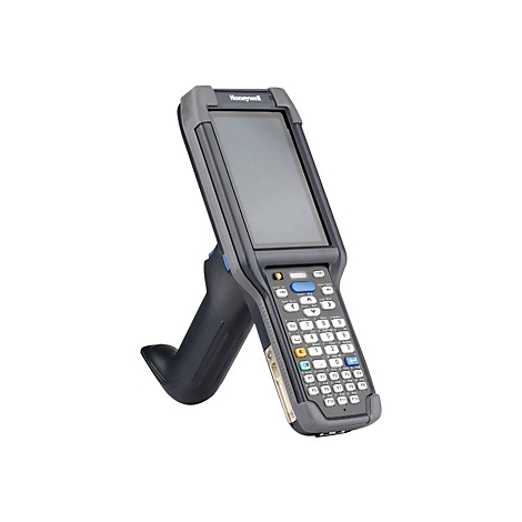 Un ordinateur de poche Honeywell avec écran, clavier et poignée.