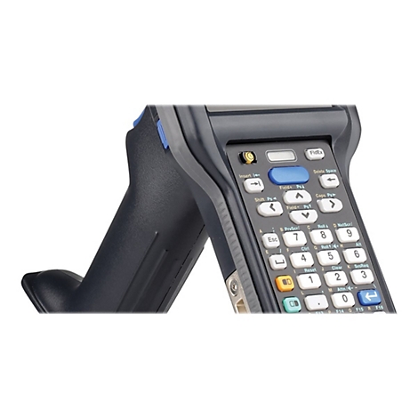 Nahaufnahme eines schwarzen Handheld-Computers mit vielen Knöpfen und einem Griff.