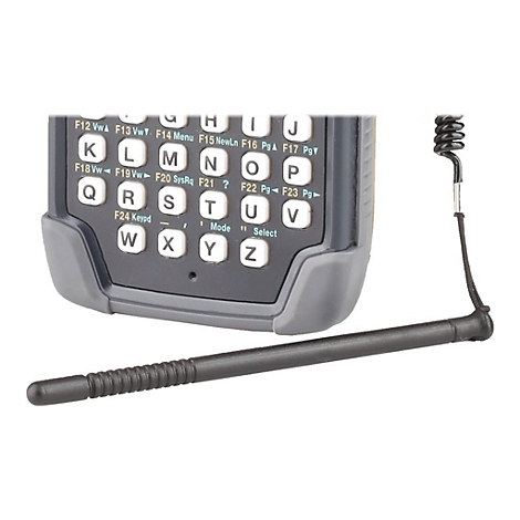 Nahaufnahme eines schwarzen Handheld-Scanners mit Tastatur und Stift. Die Tastatur hat Buchstaben und Funktionstasten.