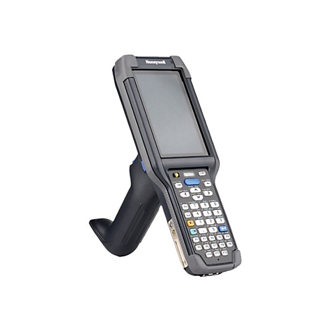 Un scanner, noir et gris, avec Ã©cran et clavier, sur fond blanc.