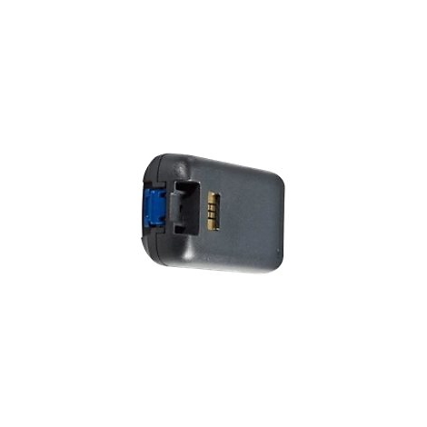 Graue, rechteckige Batterie mit blauer Ã–ffnung und goldfarbenen Kontakten.