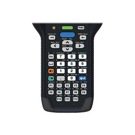 Handheld-Barcode-Scanner mit Tasten. Schwarzes GehÃ¤use mit Tasten in WeiÃŸ und Blau, darunter Ziffern und Funktionstasten.