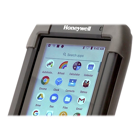 Detailaufnahme eines Honeywell-GerÃ¤ts mit App-Symbolen auf dem Bildschirm.