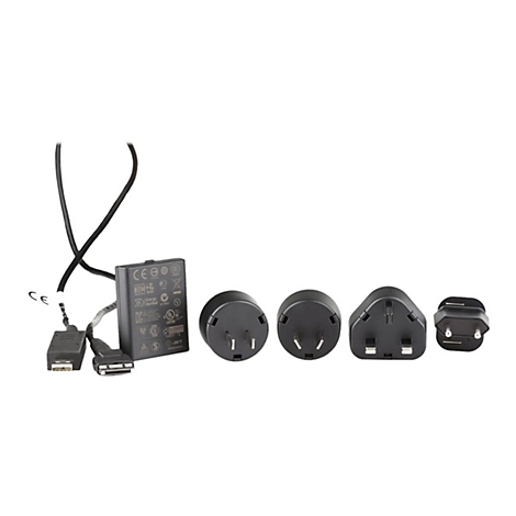 Schwarzes LadegerÃ¤t-Set mit mehreren AufsÃ¤tzen. Ein Netzteil mit Kabeln und verschiedene Stecker-Adapter.