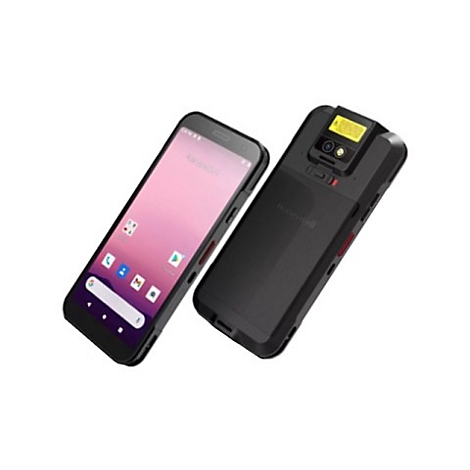 Zwei Honeywell Industrie-Smartphones in Schwarz, Front- und Rückansicht mit Barcodescanner.