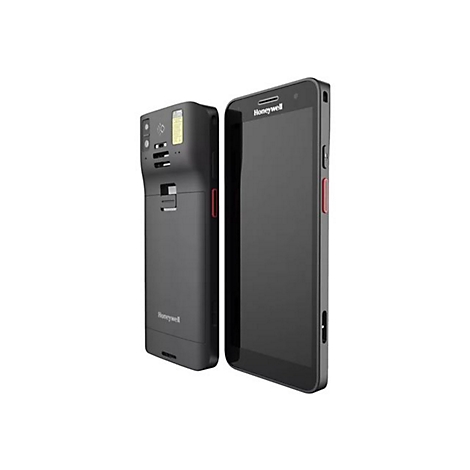 Zwei graue Honeywell Handheld-Geräte auf weißem Hintergrund. Eines zeigt die Rückseite mit Barcode-Scanner, das andere die Vorderseite.
