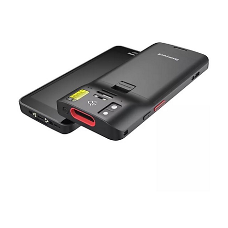 Ein schwarzes Smartphone mit einem angeschlossenen Barcode-Scanner. Der Scanner hat einen roten Bereich.