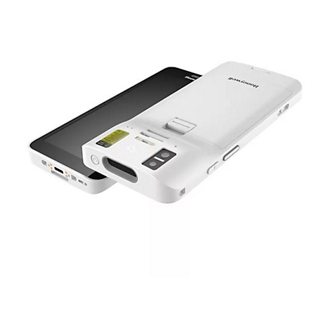 WeiÃŸes Honeywell Handheld-GerÃ¤t mit integriertem Scanner, auf einem Smartphone liegend.