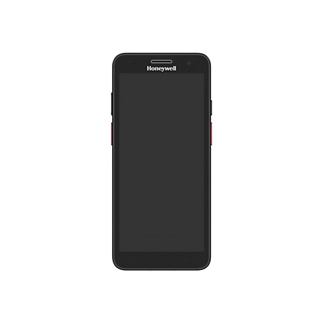Smartphone noir avec bouton d'accentuation rouge. L'écran est sombre, logo Honeywell.