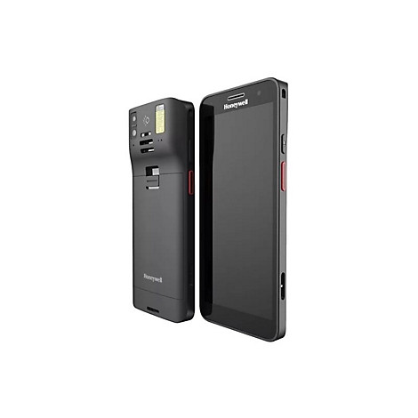 Deux appareils Honeywell gris sur fond blanc. L'un est un ordinateur portable, l'autre un scanner avec un bouton rouge.