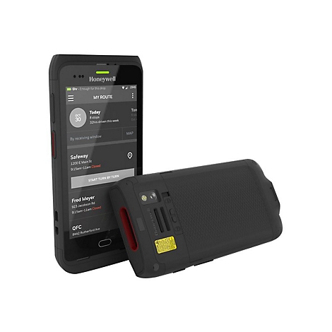 Ein schwarzes Honeywell-Handheld-Gerät mit geöffnetem Bildschirm und einem danebenliegenden Gerät. Auf dem Bildschirm ist eine Routenübersicht mit Adressdaten zu sehen.