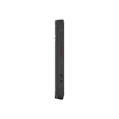 Dunkelgraue Smartphone-Hülle, Seitenansicht. Knöpfe und roter Akzent sichtbar.