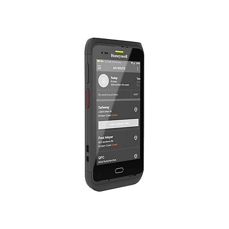 Schwarzes Honeywell-Smartphone mit Routen-App. Auf dem Bildschirm sind mehrere Ziele mit Adressen angezeigt.