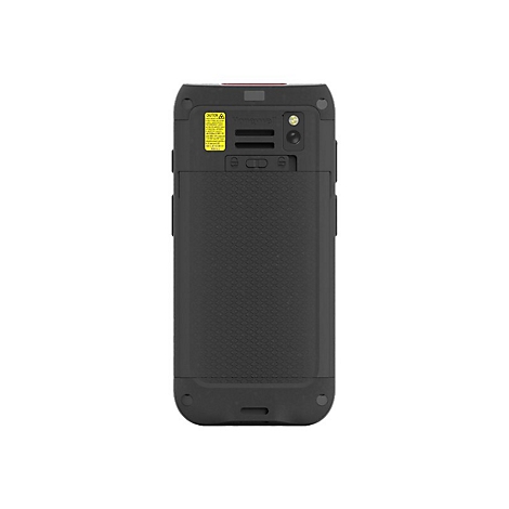 Rückseite eines schwarzen Scanners mit gelben Aufklebern und einem geriffelten Bereich.