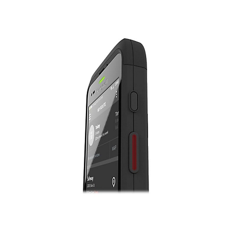 Nahaufnahme eines schwarzen Smartphones. Auf dem Bildschirm eine Navigationsanwendung mit Karte und Routeninformationen.