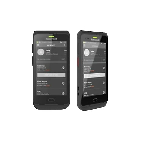 Zwei schwarze Handheld-Geräte mit Bildschirmen. Auf den Bildschirmen wird eine Routen-App mit verschiedenen Standorten angezeigt.