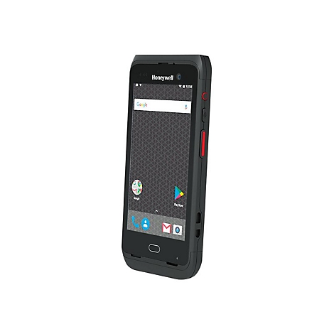 Ein schwarzes Smartphone, auf dem Google und Honeywell Logos zu sehen sind. Roter Knopf an der Seite.