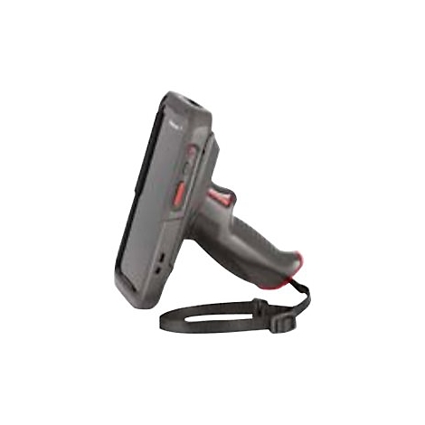 Scanner portable, gris et noir, avec des touches de rouge, dragonne.