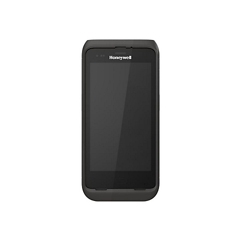 Ein schwarzes Honeywell-MobilgerÃ¤t, Display an, vor weiÃŸem Hintergrund. Oben links Honeywell-Logo.