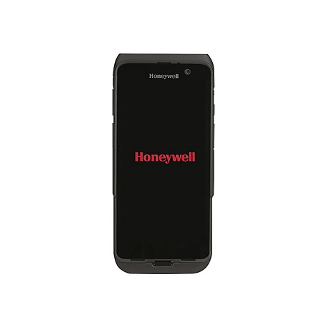 Ein schwarzes Honeywell-Handheld-Gerät. Auf dem Display steht Honeywell in roter Schrift. Vor weißem Hintergrund.