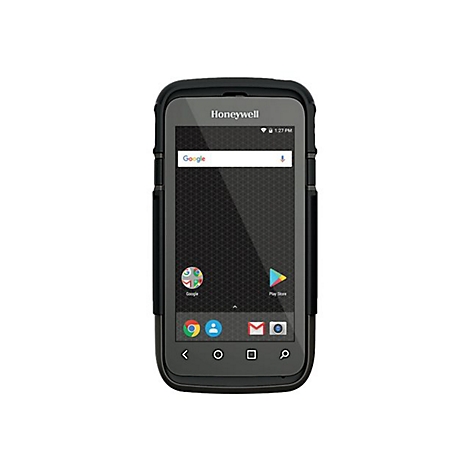Smartphone noir avec logo Honeywell, barre de recherche Google et icÃ´nes d'applications. Dans un Ã©tui de protection, sur fond blanc.