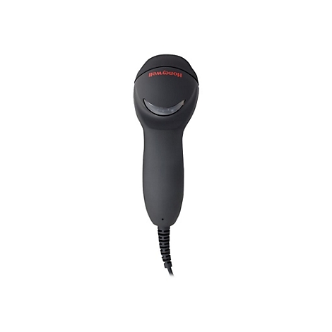 Scanner de codes-barres Honeywell noir, câble, sur fond blanc.