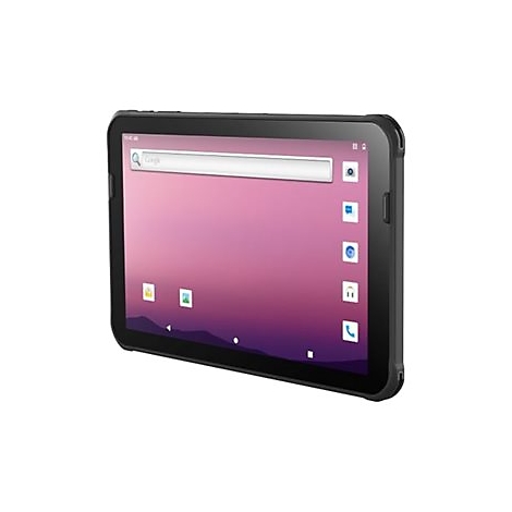 Schwarzes Tablet mit pinkfarbenem Hintergrund. Google-Suchleiste oben, App-Symbole seitlich.