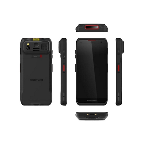 Schwarzes Honeywell-Smartphone mit roten Akzenten, verschiedene Ansichten: Vorder-, RÃ¼ck-, Seiten- und Oberansicht.