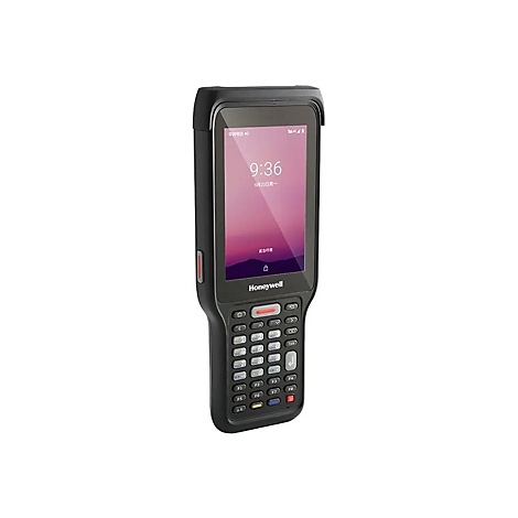 Terminal Honeywell noir avec écran. Heure 9h36. Sur l'écran: 23 avril. Clavier, bouton latéral rouge.