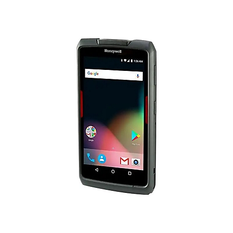 Appareil portable Honeywell noir avec écran tactile, logo Google et applications. Accents rouges sur les côtés.