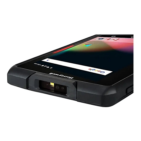 Appareil portable Honeywell noir avec scanner de codes-barres intégré. Des applications et la barre de recherche Google sont visibles à l'écran.