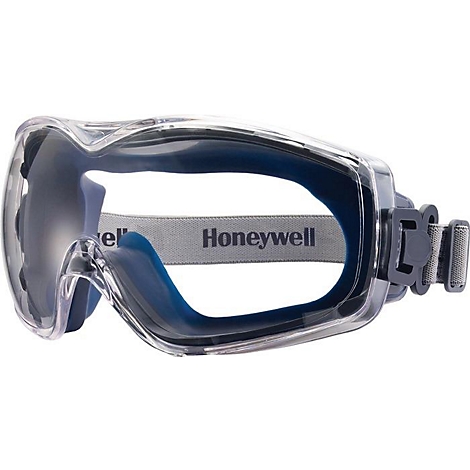 Veiligheidsbril met heldere glazen, donkerblauw montuur en grijze band met het Honeywell-logo.