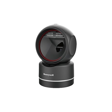 Scanner de codes-barres Honeywell noir avec un anneau rouge. L'appareil est posé sur une base.