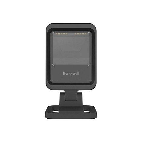 Ein schwarzer Barcode-Scanner von Honeywell. Das Gerät steht auf einem Sockel.