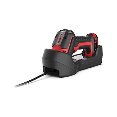 Chargeur noir et rouge avec câble, avec un outil sans fil dessus.