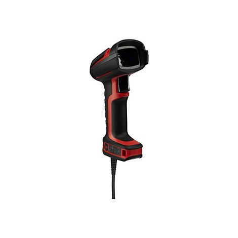 Un appareil portatif noir et rouge avec une connexion filaire.