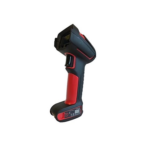 Thermografiekamera, schwarz-rot, mit Griff und kleinem Display am Boden.