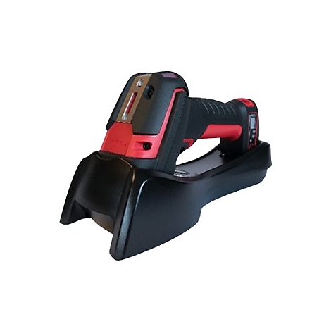 Un appareil de cerclage manuel noir et rouge se trouve dans un support noir. L'appareil a une poignée rouge et un écran.