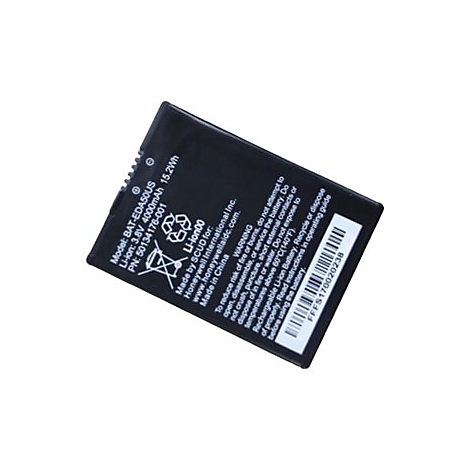 Batterie noire avec texte blanc, comprenant le modèle et les avertissements.
