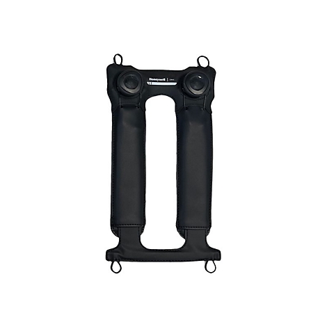 Schwarze Honeywell-Kopfhörer-Stütze. Zwei runde Elemente und zwei längliche Pads, alle verbunden. Schwarzes Leder.