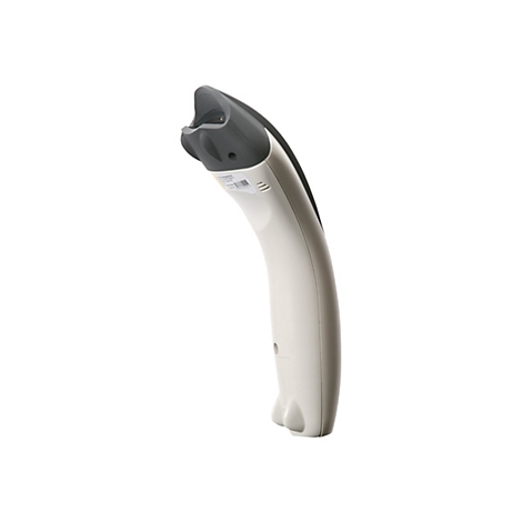 Un lecteur de codes-barres crème et gris foncé, en diagonale sur un fond blanc. Le scanner a une forme ergonomique.