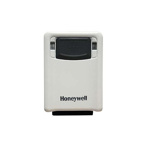 Lecteur Honeywell blanc avec zone de numérisation noire. L'appareil est présenté sur fond blanc.