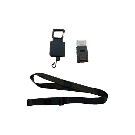 Schwarzes Lanyard mit Karabiner, Ausweis-Clip und Kartenhalter.