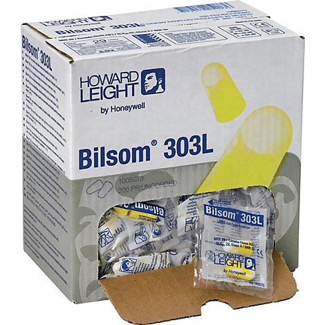 Karton met gele oordopjes. Op de doos staat "Bilsom 303L" en "Howard Leight by Honeywell" gedrukt.