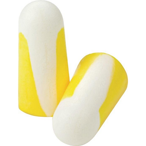 Twee geel-witte oordopjes. De oordopjes hebben een langwerpige vorm en zijn gemaakt van schuim. Ze liggen naast elkaar.