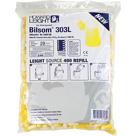 Un sac transparent rempli de bouchons d'oreille jaunes et blancs. Le sac est étiqueté 'Bilsom 303L' avec un logo et d'autres informations.