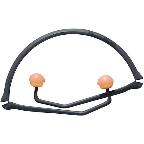 Protection auditive gris foncé avec deux bouchons d'oreille oranges.