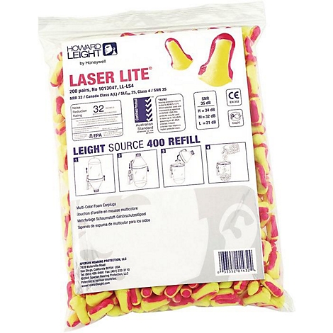 Verpakking met gele en rode oordopjes. Gedrukt: Laser Lite, Howard Leight, SNR 35 dB.